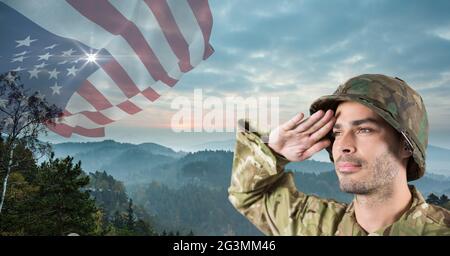Composition of soldier saluting against american flag Stock Photo - Alamy
