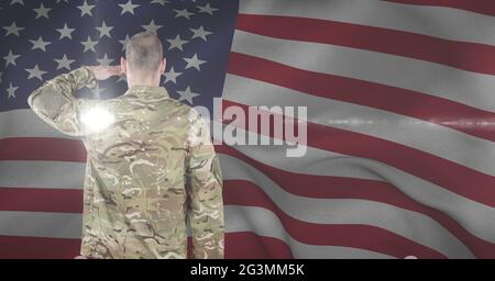 Composition of soldier saluting against american flag Stock Photo - Alamy