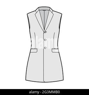 Sleeveless jacket lapelled vest waistcoat technical fashion illustration with notched collar, button-up, fitted body. Flat template front, grey color style. Women, men unisex top CAD mockup Stock Vector