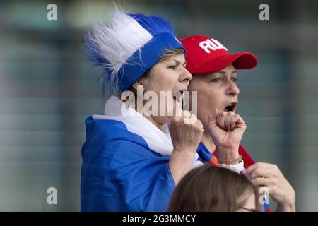 SAINT PETERSBURG, RUSSIA - JUNE 16: Russian fans during the UEFA Euro 2020 Championship Group B match between Finland and Russia at Saint Petersburg Stadium on June 16, 2021 in Saint Petersburg, Russia. (Photo by MB Media) Stock Photo