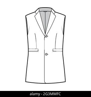 Sleeveless jacket lapelled vest waistcoat technical fashion illustration with notched collar, single breasted, pockets. Flat template front, white color style. Women, men unisex top CAD mockup Stock Vector
