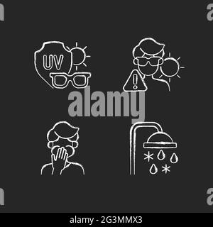 UV rays exposure risk chalk white icons set on dark background Stock Vector