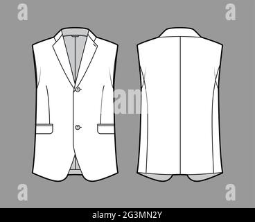 Sleeveless jacket lapelled vest waistcoat technical fashion illustration with single breasted, button-up closure, pockets. Flat template front, back, white color style. Women men unisex top CAD mockup Stock Vector