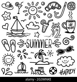 Vacation doodle. Hand drawn summer icon set. Cute cartoon drawing. Coloring page. Vector print illustration Stock Vector