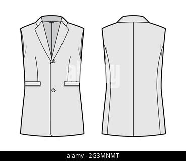 Sleeveless jacket lapelled vest waistcoat technical fashion illustration with notched collar, single breasted, pockets. Flat template front, back, grey color style. Women, men unisex top CAD mockup Stock Vector
