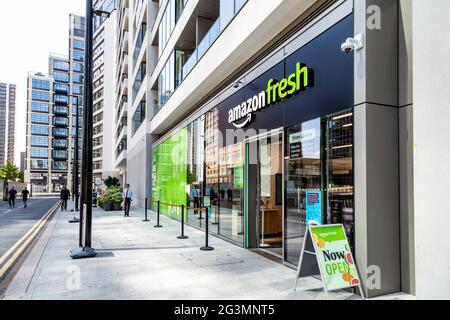 14 June 2021 - New Amazon Fresh grocery store in Wood Wharf, Canary Wharf London, UK Stock Photo