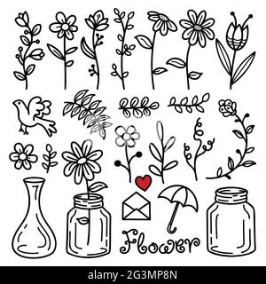 Hand drawn flower and leaf elements doodle. Branches, petals, flowering plants. Isolated on white background. Vector print illustration Stock Vector