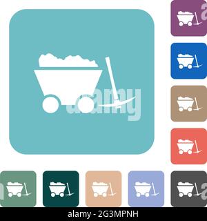 Loaded mine cart and pickaxe white flat icons on color rounded square backgrounds Stock Vector