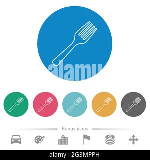 Single fork flat white icons on round color backgrounds. 6 bonus icons included. Stock Vector