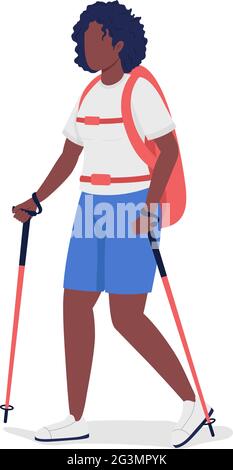 Woman on nordic walk semi flat color vector character Stock Vector