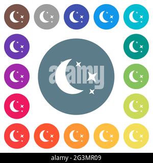 Moonlit night flat white icons on round color backgrounds. 17 background color variations are included. Stock Vector