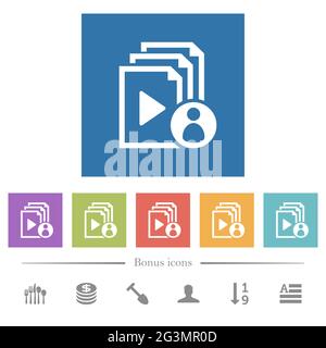 Playlist author flat white icons in square backgrounds. 6 bonus icons included. Stock Vector