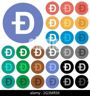 Dogecoin digital cryptocurrency multi colored flat icons on round backgrounds. Included white, light and dark icon variations for hover and active sta Stock Vector