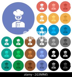 master chef with glasses and mustache multi colored flat icons on round backgrounds. Included white, light and dark icon variations for hover and acti Stock Vector