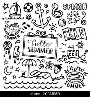 Vacation doodle. Hand drawn summer icon set. Cute cartoon drawing. Coloring page. Vector print illustration Stock Vector
