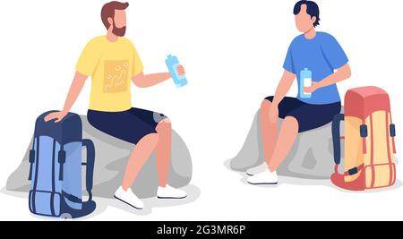 Resting hikers semi flat color vector character set Stock Vector