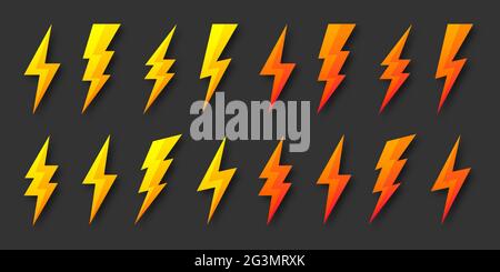 Yellow and orange lightning bolt icons isolated on white background ...