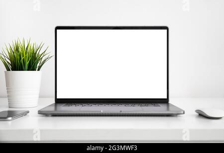 Laptop with a blank screen on white wooden table with mouse, smartphone and grass flower Stock Photo