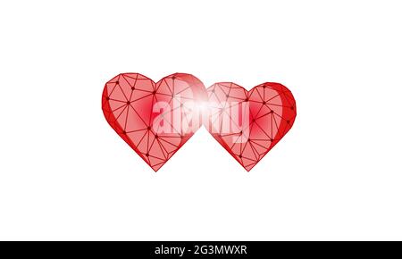 Low poly 3D red hearts. Romantic love date relationship couple silhouette concept design. Support help donation emotions vector illustration Stock Vector