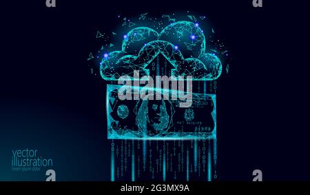Cloud computing online storage low poly. Polygonal future modern internet business technology. Blue glowing global data information exchange available Stock Vector