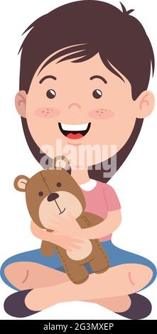 Cartoon girl in pajamas dress with her teddy vector Stock Vector