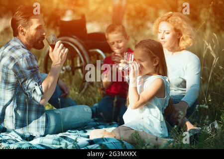 Family at picnic in the park. Wheelchair in the background Stock Photo