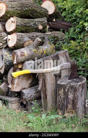 '19.08.2020, Ingelheim, Rhineland-Palatinate, Germany - Axe stuck in a tree stump in front of dismembered tree trunks. 00S200819D248CAROEX.JPG [MODEL Stock Photo