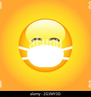 Emoji with white mouth mask - yellow face with eyes closed wearing a white surgical mask Stock Vector