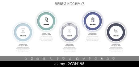 Modern vector infographics with five circles. Business template with 5 steps for diagram, web, banner, presentations, flowchart, content, levels Stock Vector