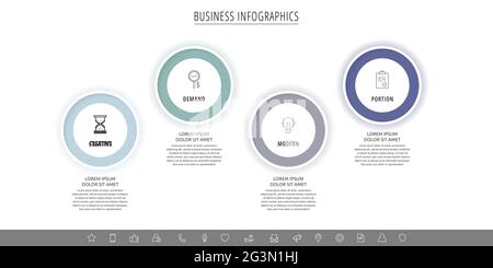 Modern vector infographics with four circles. Business template with 4 steps for diagram, web, banner, presentations, flowchart, content, levels Stock Vector