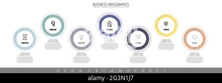 Modern vector infographics with seven circles. Business template with 7 steps for diagram, web, banner, presentations, flowchart, content, levels Stock Vector
