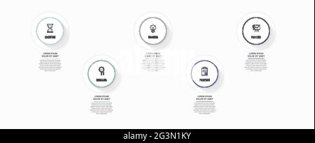Modern vector infographics with five circles. Business template with 5 steps for diagram, web, banner, presentations, flowchart, content, levels Stock Vector