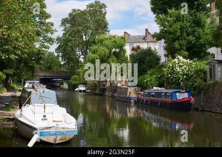 The Regent's Canal at Primrose Hill, London UK, looking north towards Camden Stock Photo