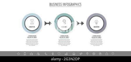 Business vector infographics with three circles and arrows. Timeline visualization with 3 steps for diagram, flowchart, banner, presentations, web Stock Vector