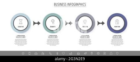 Business vector infographics with four circles and arrows. Timeline visualization with 4 steps for diagram, flowchart, banner, presentations, web Stock Vector