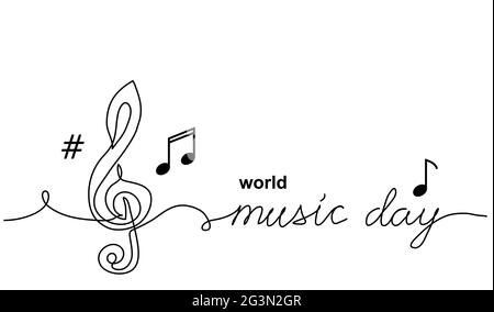 World Music Day simple vector banner, poster, background with treble clef sign and musical notes . One continuous line drawing with text Music Day Stock Vector