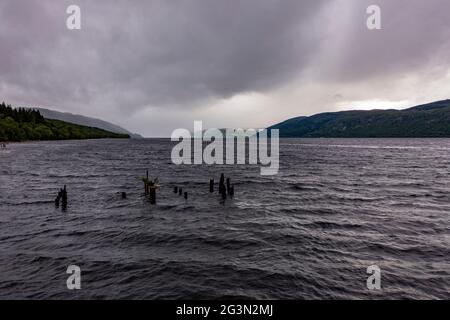 Loch Ness, Scotland, UK. 13 June 2021. Pictured: Drone aerial photography view from above of Loch Ness looking down the Great Glen towards Urquhart Castle. Loch Ness is famous for the Loch Ness Monster AKA Nessie.  Credit: Colin Fisher/CDFIMAGES.COM Stock Photo