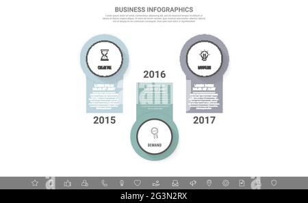Modern vector infographics with three circles. Business template with 3 steps for diagram, web, banner, presentations, flowchart, content, levels Stock Vector