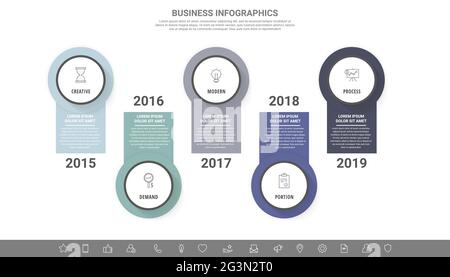 Modern vector infographics with five circles. Business template with 5 steps for diagram, web, banner, presentations, flowchart, content, levels Stock Vector