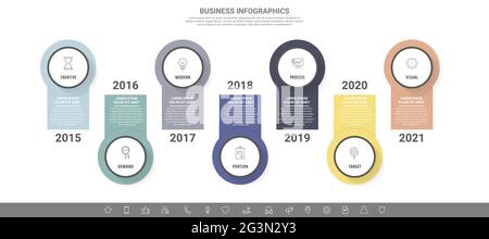 Modern vector infographics with seven circles. Business template with 7 steps for diagram, web, banner, presentations, flowchart, content, levels Stock Vector