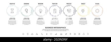 Thin line vector infographics with seven circles and arrows. Timeline template with 7 steps for the app, business, website, interface, chart, levels Stock Vector