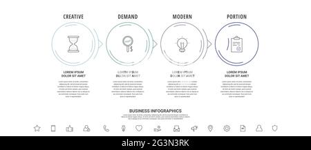 Thin line vector infographics with four circles and arrows. Timeline template with 4 steps for the app, business, website, interface, chart, levels Stock Vector