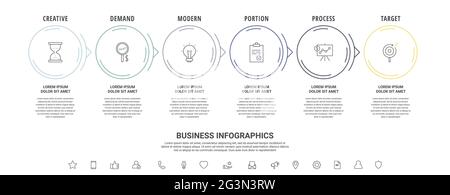 Thin line vector infographics with six circles and arrows. Timeline template with 6 steps for the app, business, website, interface, chart, levels Stock Vector