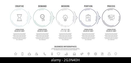 Thin line vector infographics with five circles and arrows. Timeline template with 5 steps for the app, business, website, interface, chart, levels Stock Vector