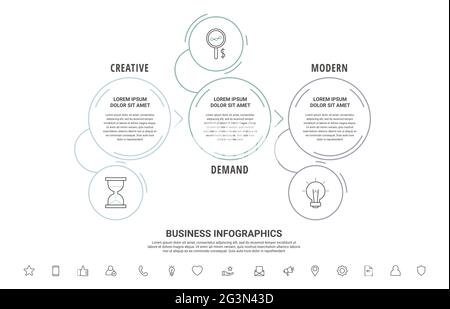 Thin line vector infographics with three circles and arrows. Timeline template with 3 steps for the app, business, website, interface, chart, levels Stock Vector