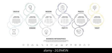 Thin line vector infographics with seven circles and arrows. Timeline template with 7 steps for the app, business, website, interface, chart, levels Stock Vector