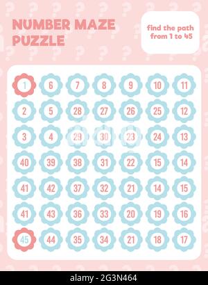 Math number maze puzzle. Prinatble math worksheet page. Easy colorful math worksheet practice for kids in preschool, elementary and middle school. Stock Vector