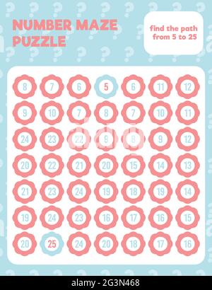 Math number maze puzzle. Prinatble math worksheet page. Easy colorful math worksheet practice for kids in preschool, elementary and middle school. Stock Vector