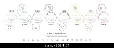 Thin line vector infographics with eight and arrows. Timeline template with 8 steps for the app, business, website, interface, chart, levels, web Stock Vector