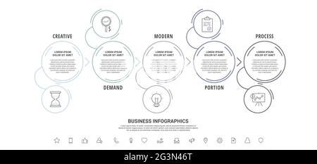 Thin line vector infographics with five circles and arrows. Timeline template with 5 steps for the app, business, website, interface, chart, levels Stock Vector